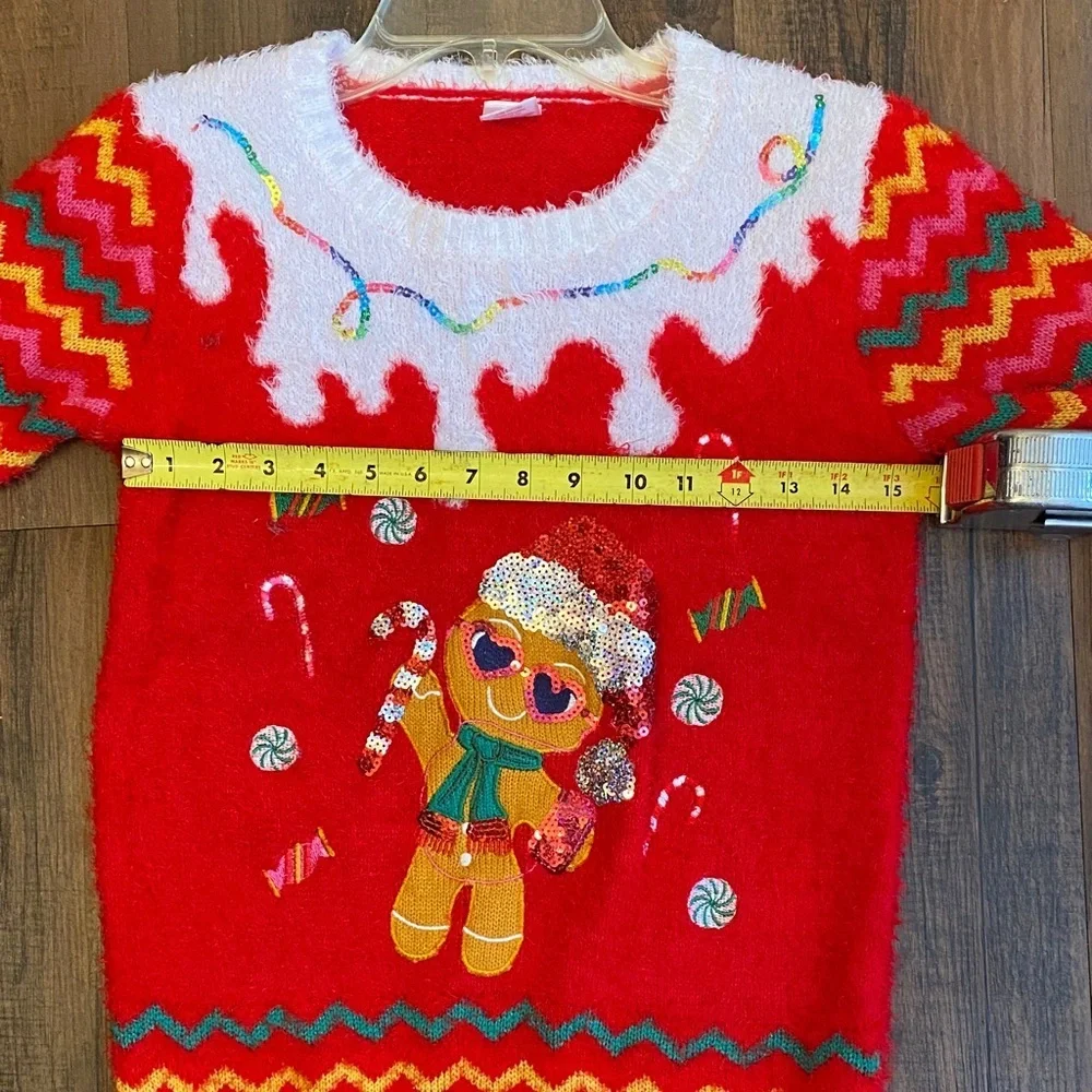 Holiday Time Festive Red Sweater with Gingerbread and Candy Accents